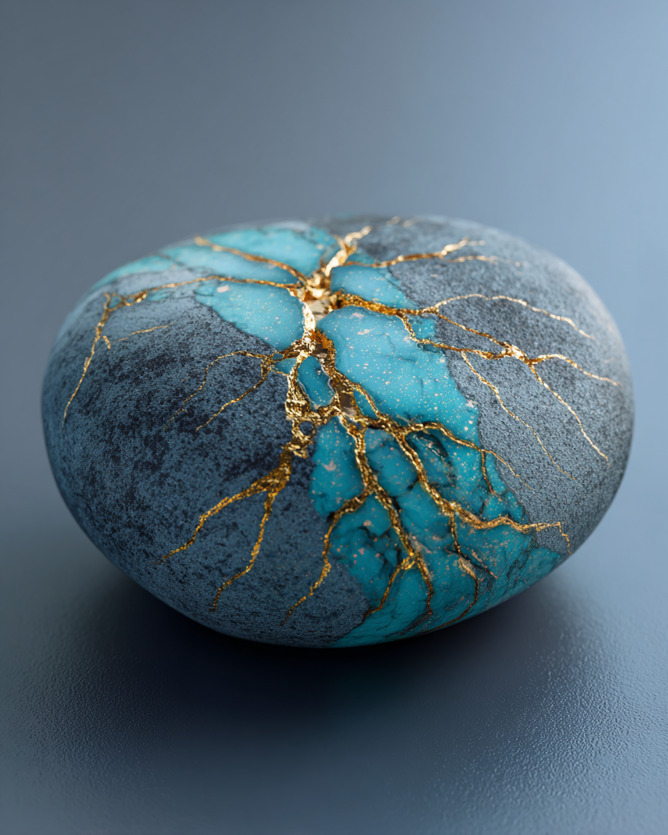 En glatt stein med fine kintsugi-sprekker i turkis og gull.
